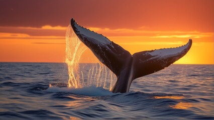 Fototapeta premium A majestic whale brews at sunset, its tail cutting through ocean waves.