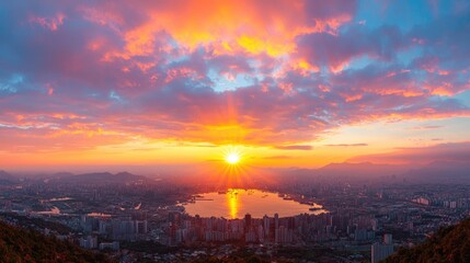 Panoramic Sunrise Cityscape View of a Harbor