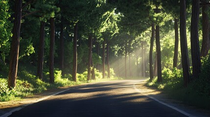 Fototapeta premium A scenic road winding through a dense forest of tall pine trees, with sunlight streaming through the branches. The road winds through the forest, with sunlight streaming 