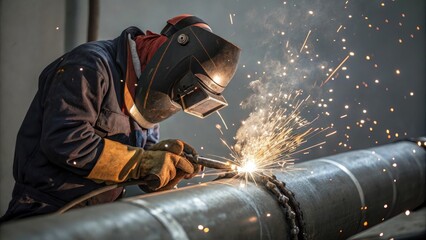 Welder working on metal pipe with sparks flying