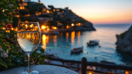Wine Glass on Balcony Overlooking Ocean at Dusk with Boat Lights