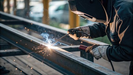 Welder working on metal structure with sparks flying