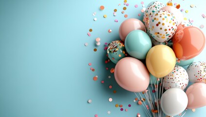 Colorful balloons with confetti on a light blue background