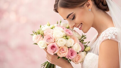 Obraz premium Radiant bride admiring her floral bouquet
