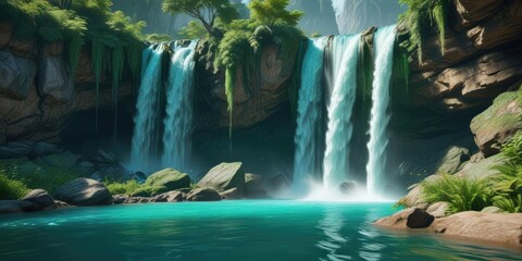 Waterfall scene with vibrant turquoise and emerald green hues, flow, waterfall