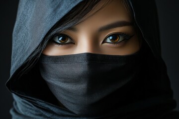 Naklejka premium Mysterious Portrait of a Person in a Mask Studio Setting Professional Photography Dark Background Close-up Identity Concept
