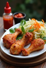 Fototapeta premium A plate of crispy, golden-brown fried chicken drumsticks served hot with a crunchy texture. Perfect for food advertisements, restaurant promotions, or comfort food concepts.