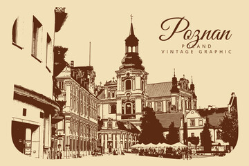 City ancient architecture, Poznan, Poland. Vintage brown and beige graphics, engraved, vector. Old retro design.