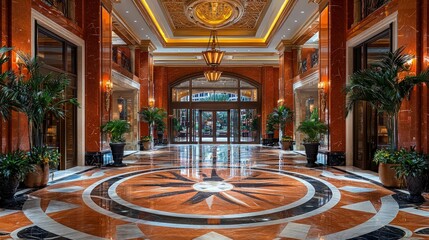 Luxurious hotel lobby, grand entrance, marble floor, plants