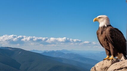 Fototapeta premium Majestic bald eagle perched on rocky terrain, overlooking expansive mountain ranges under clear blue sky.
