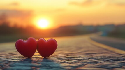 Fototapeta premium Two Red Hearts on Road at Sunset Symbolizing Love and Romance