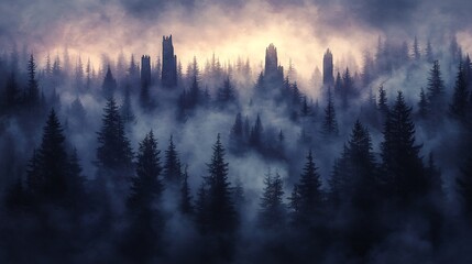 Rideaux Mysterious Forest Silhouettes Gleam Softly in Dawn Light. AI Generated
