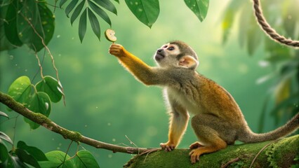 Obraz premium Squirrel monkey reaching for a slice of cucumber in the jungle