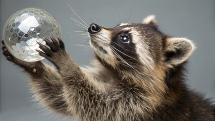 Fototapeta premium Raccoon playfully holding a disco ball