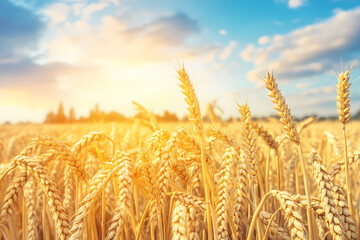 Fototapeta premium Golden Wheat Field under Sunny Sky: A vast field of golden wheat swaying gently in the breeze under a brilliant blue sky, with the warm sunlight filtering through.