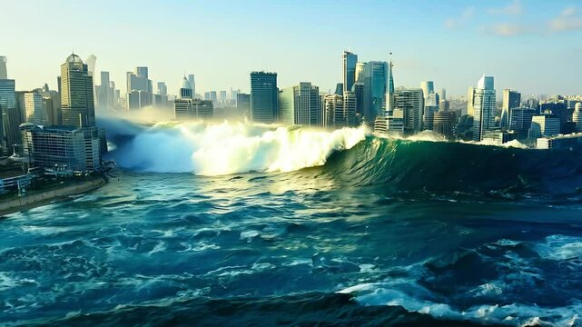 A giant tsunami wave surges towards a modern coastal city, symbolizing natural disasters, climate change, and the power of nature.  
