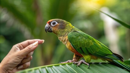 Obraz premium Colorful parrot interacting with a gentle hand in nature