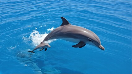Naklejka premium A dolphin leaps gracefully in the ocean, accompanied by its playful sibling.