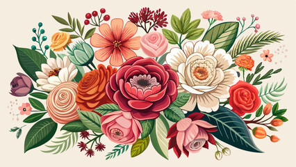 Beautiful romantic flower collection with roses, leaves, floral bouquets, flower compositions