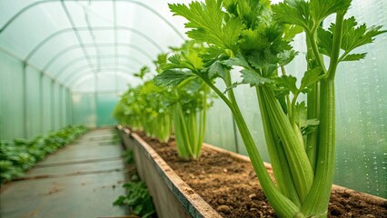 Obraz premium Fresh celery growing in a greenhouse environment