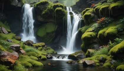 Waterfall cascading through lush moss covered rocks, waterfall, landscape, green