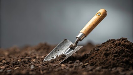 Gardening trowel resting on fresh soil mound