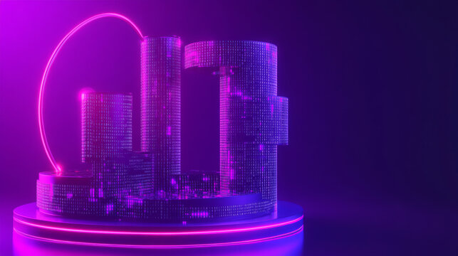 Hackathon isometric landing page. 3d typography with binary code on purple neon colored background. Computer software development, coding, adaptive layout, work with data concept, vector web banner