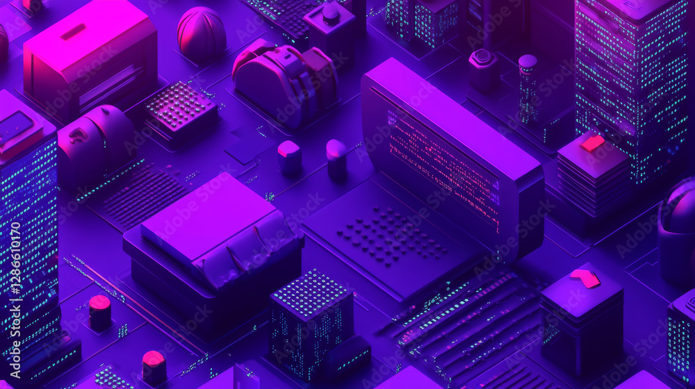 Poster hackathon isometric landing page. 3d typography with binary code on purple neon colored background. 