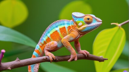 Fototapeta premium A vibrant chameleon perched on a branch, showcasing its colorful, striped body and striking eyes against a lush green background.