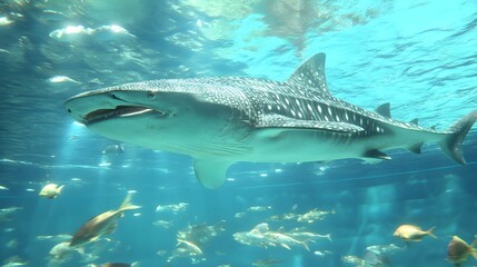Obraz premium Majestic Whale Shark Swimming Gracefully Underwater in a Clear Marine Environment