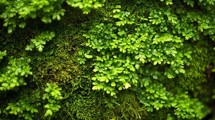 A close up of vibrant green moss and ferns