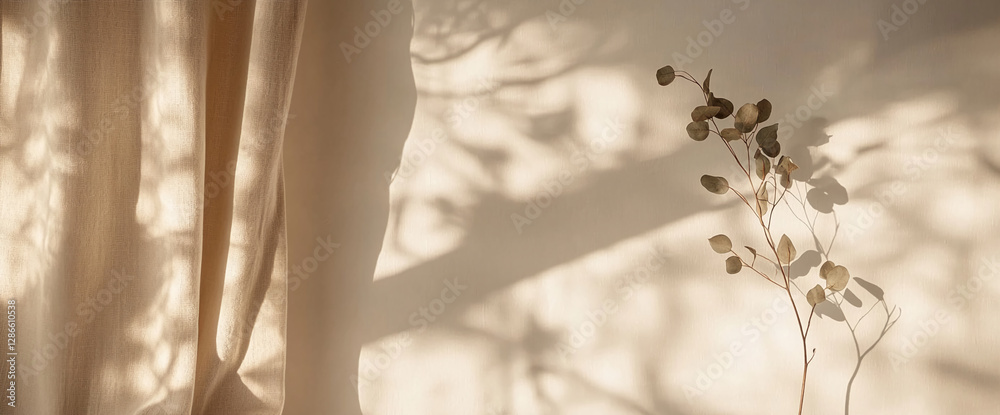 Poster a branch with leaves casts delicate shadows on a beige wall, with light filtering through sheer curt