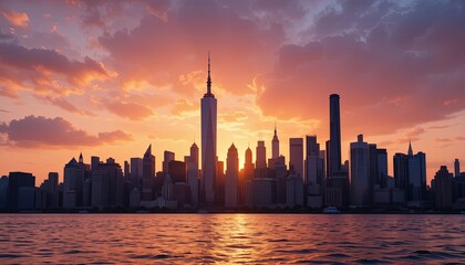 Fototapeta premium Sunset reflection over manhattan skyline new york cityscape urban aerial gigapixel cgi
