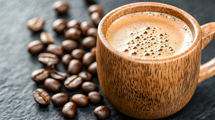 Fototapeta premium Espresso in wooden cup, coffee beans, dark background, drink menu