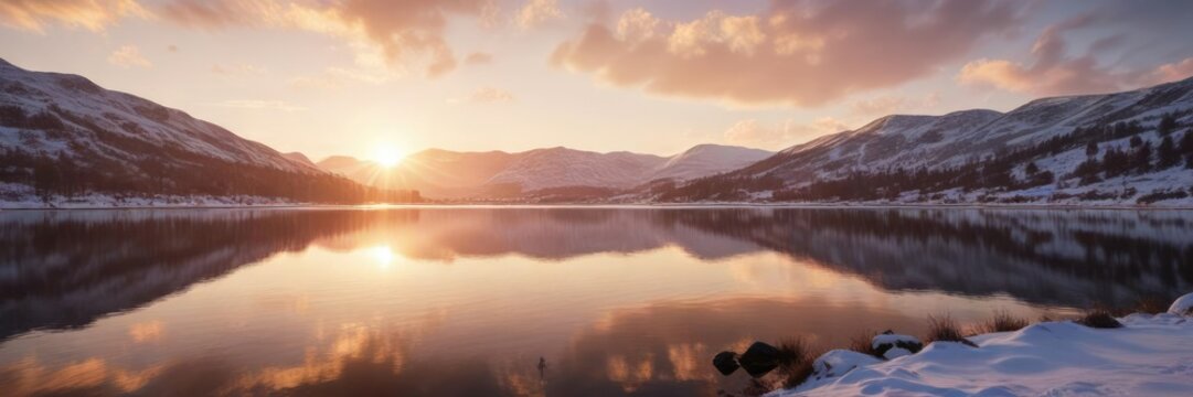 Winter sun casts a warm glow on the Carron Valley Reservoir , light, lake