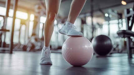 Naklejka premium Fitness, Balance, and Strength: A Woman's Leg and Foot Gracefully Balanced on a Pink Exercise Ball in a Modern Gym Setting