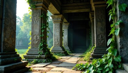 Vines and creepers wrap around ancient temple pillars, stone, pillar, angkor wat
