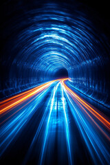 Fototapeta premium Into the Neon Tunnel: A mesmerizing long exposure capturing streaks of light racing through a dark, arched tunnel, creating a vibrant and dynamic display of speed and movement.