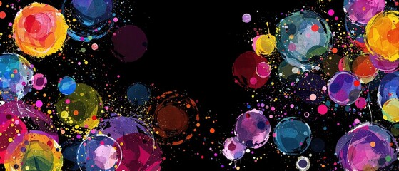 Vibrant multicolored watercolor circles on a black background with bold contrast, circles, edgy, geometric, vibrant, multicolored