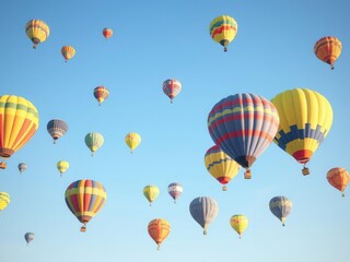 Fototapeta premium Vibrant light blue sky with clusters of colourful hot air balloons drifting gently, sky, limitless, effortless