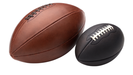 3D Render of Two American Footballs, Brown and Black, Isolated on Transparent Background, Sports Equipment, Game Day, American Football, Sports, 3D Rendering
