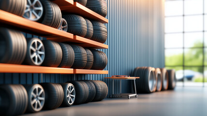 car workshop featuring numerous tires stacked on shelves, showcasing well organized space with work table. bright environment enhances industrial feel