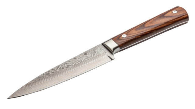 Etched Paring Knife  High-Resolution Image Isolated on Transparent Background, Wood Handle, Damascus Steel Blade, knife, paring knife, kitchen knife