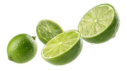 Floating Limes Three Sliced and Whole Limes Isolated on Transparent Background, Citrus Fruit, Green, , lime, citrus, food