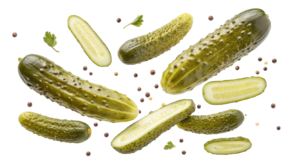 Floating Pickles Composition Multiple Dill Pickles, Spices, and Herbs Isolated on Transparent Background, Pickle, Food Photography, Gherkin