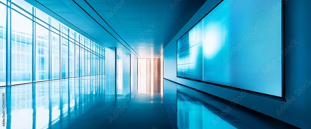 Poster modern office corridor with glass windows and sleek walls illuminated by soft lighting, showcasing c
