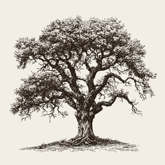 Detailed dry oak tree hand drawn black and white vector illustration.