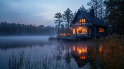 Obraz premium Lake Cabin at Dusk with Foggy Waters and Warm Interior Lighting