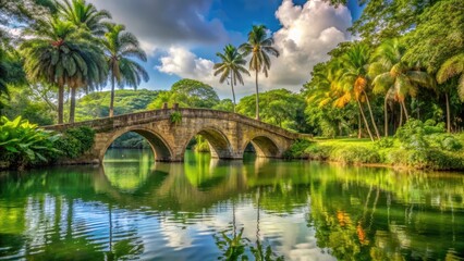 Fototapeta premium Ancient stone bridge spans serene lake in Palmas