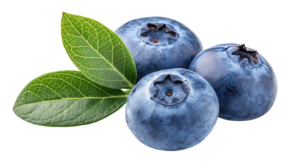 Three Blueberries with Leaves, Isolated on Transparent Background, High-Resolution Image, Fresh Fruit Photography, Blueberry, Fruit, Food photography